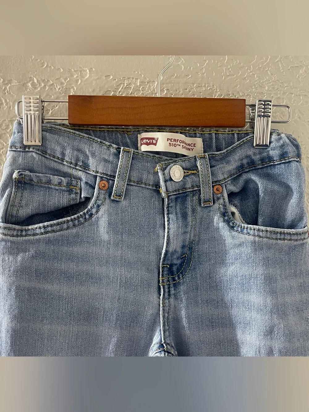 Levi's 510 Skinny Light Blue Distressed‎ Denim Jeans Adjustable Waist 10 Regular